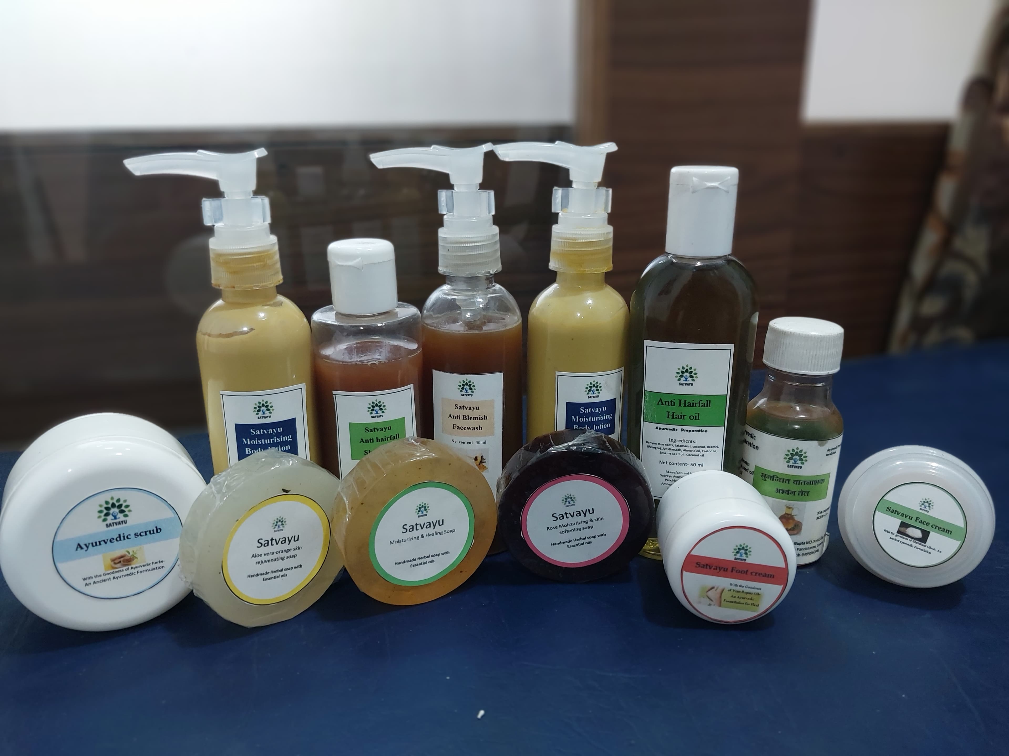 Full Satvayu Ayurveda product line-up: soaps, lotion, shampoo, hair oil and creams